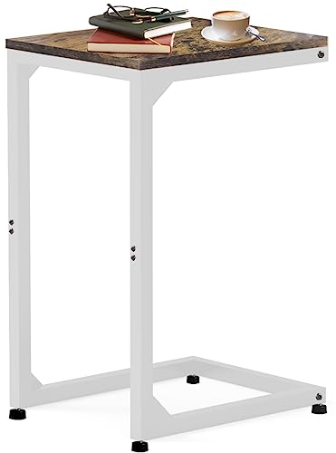 Artigarden Mesa auxiliar en forma de C, mesa auxiliar pequeña para sofá, mesa de bandeja de TV con marco de metal para sala de estar, dormitorio, mesita de noche, color blanco