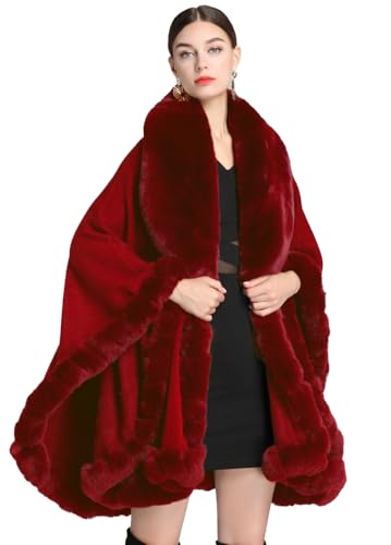 Image of Women Poncho Cape Faux Fur Collar Knitted Cardigan Sweater Batwing Long Sleeve Shawl Wrap Coat Oversized Cloak