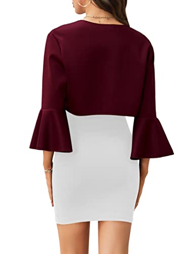 Image of Cropped Cardigans for Women, 3 /4 Bell Sleeve Bolero Shrug Open Front Bolero Jackets for Evening Dresses Wine Red M