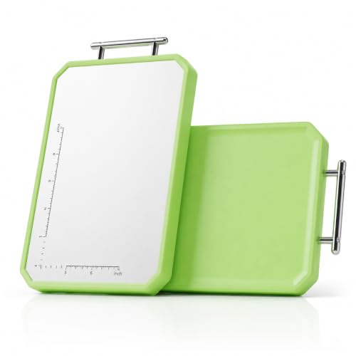 Image of E-COSMOS 2 in 1 Stainless Steel Cutting Board with Green Border and Handle, Measurement Scale Chopping Board for Vegetables, Fruits, Paneer and Meat, Easy-Clean Kitchen Prep Board, (34L X 21W)
