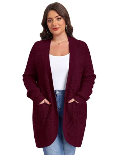 Image of LARACE Long Cardigans for Women Plus Size Tops Open Front Sweaters with Pockets Waffle Ribbed Sleeve Loose Fall Outwear