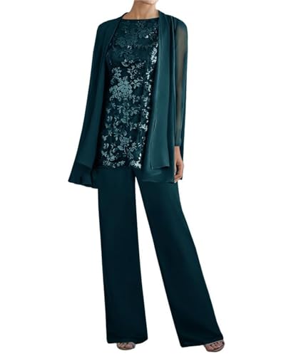 Image of 3 Pieces Mother of The Bride Dresses Pant Suits - Lace Chiffon Long Sleeve Grandmother Dresses with Jacket Dark Teal