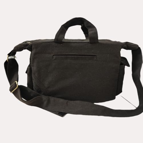 Image of ROUGH Canvas Cotton messenger bag.15'' Lap top. Large size 36x27x11 cm(12Ltr) Metal zipper closure. Allround pockets. Vintage look. Antique fittings.Sustainable