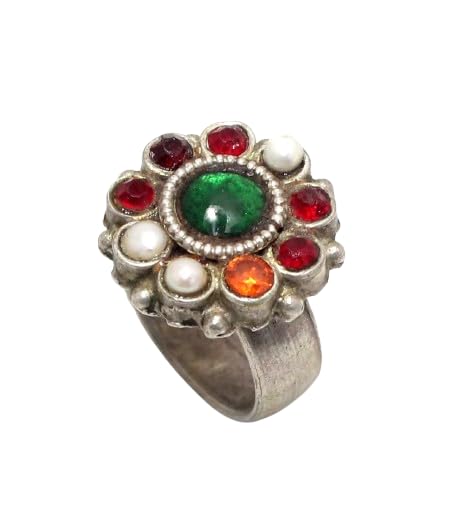 Rajasthan Gems Ring Antique Old Silver Pearl Gem Stone & Glass Material Temple Tribal Traditional Women Handmade i334