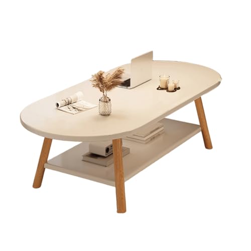 Mesa de centro ovalada moderna de mediados de siglo, almacenamiento de doble capa, parte superior gruesa, elegante mesa de té para sala de estar y oficina, color blanco, 120 x 60 x 42 cm
