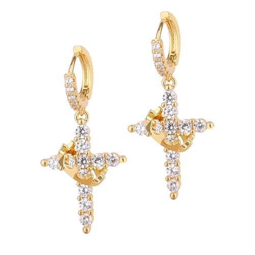 Gold Cross Earrings, Dainty Hoop Diamond Dangle Earrings with Crystal Rhinestones for Women Men Fashion Religious Jewelry Gifts