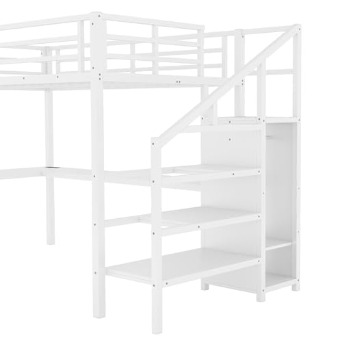 Image of Bellemave Full Size Loft Bed with Desk and Wardrobe Storage Stairs and Wardrobe, LED USB, Loft Bed Full Size for Teens Metal, White