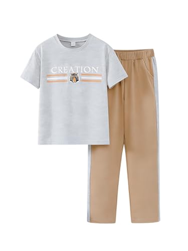 Image of Yoxindax Tween Boy Clothes 2-Piece Letter Print Tee And Color-Block Pants Summer Outfits