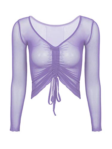 YONGHS Women's Long Sleeve Ruched Shirt Blouse Sexy Deep V Neck Sheer Mesh See Through Crop Top Yoga Gym Sport Tops Purple S