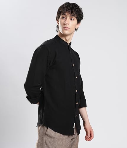 Image of TURMS Men's Casual Solid Linen Shirt | Water Repellent | Anti Stain Anti Odor | Kansas Linen | Mandarin Collar | Full Sleeves