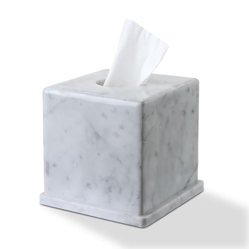 HAMAKAWA Natural Marble Tissue Box Cover, Carrara White Tissue Organizer 6 X 6 X 5.7 Inch, Heavy Stone Decorative Box, Square Tissue Box Holder for Home Decor, Kitchen, Bathroom, Bedroom