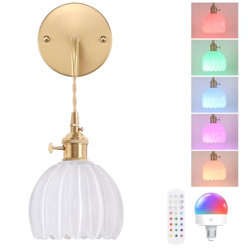 Image of Shenmoyl Battery Operated Wall Sconce with White Tulip Shade Pattern Glass Adjustable Chain Retro Gold Wall Mounted Light, Modern Wall Lamp Fixtures Decor for Bedside Bedroom Indoor Doorway
