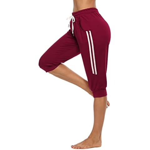 Frolitre Women's Capri Sweatpants Pants Cropped Jogger Workout Pants Lounge Loose Fit Drawstring Waist with Side Pockets Red Cover