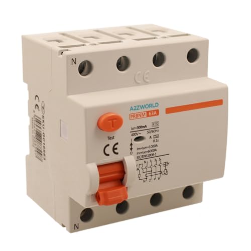 A2ZWORLD Interruptor diferencial puro tipo A trifásico 300 mA, RCCB Clase A 300 mA 4P 63 A, 3P + N 4 polos 6 kA AC 400 V, ocupa 4 módulos DIN