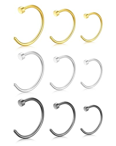 JUKOTA - JUKOTA Faux piercing de nez en titane G23, anneau de nez, cloison nasale, faux piercing de nez, os nasal, petit hélix, hypoallergénique, 18 g, 20 g, 6 mm/8 mm/10 mm, or noir et argent, lot de 9 pièces