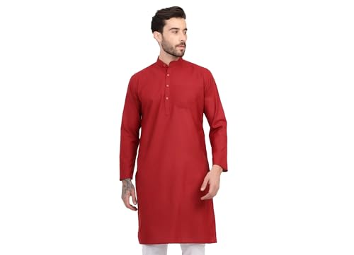 Image of Men's Cotton Blend Blend Knee Length Solid Color Style Stright Long Mandrin Collor Ethnic Casual Wear Kurta Only