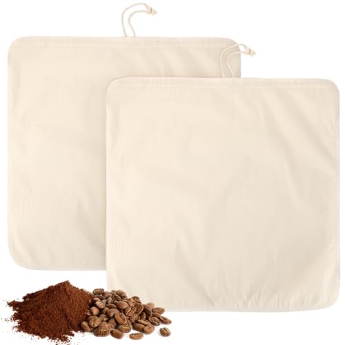 Tioncy 2 Pcs 20 x 20 Inch Large Reusable Cold Brew Coffee Bag Reusable Organic Cotton Cold Brew Filter Bags Washable Coffee Filter Pouch with Easy Open Drawstring Pitchers 5 Gallon Systems up to 5 LBS