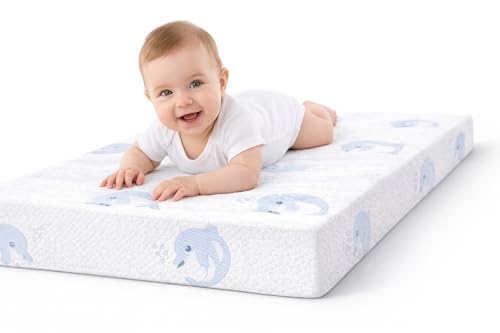 JUNYOHOA Pack and Play Mattress 38 x 26 x 3 Inch, Dual Sided Memory Foam Crib Mattress for Newborn & Toddlers, Breathable Playard Pad with Anti-Slip Bottom & Washable Plush Cover, Sky Blue
