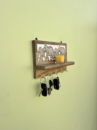 Image of Wooden Key Holder with Elephant Design, Wall Mounted, Natural Brown, 5 Hooks, Handcrafted Exclusive Home Decor (25.5X16.5X6.5 cms)