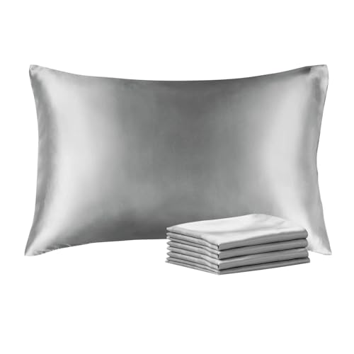 BEDELITE Satin Pillowcase with Zipper 4 Pack, Grey Pillow Cases Standard Size, Super Soft and Cooling Similar to Silk Pillow Cases, Gift for Women Men(20x26 Inches)