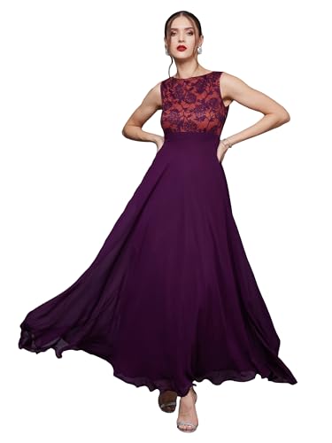 Image of Miss Chase Women's Brick Red & Dusty Green Boat Neck Sleeveless Self Design Lace Overlaid Regular Dress