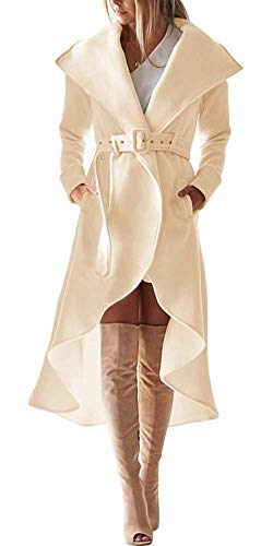 SAUKOLE Women's Winter Wool Trench Coat Wrap Large Collar High Low Party Jacket Outwear with Belt Beige