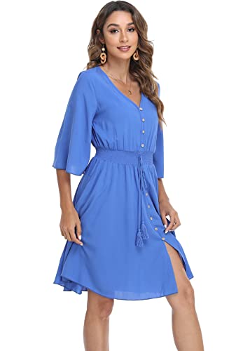 Image of VintageClothing Women's Floral Sundresses Flowy Boho Summer Beach Dress | Lightweight Breathable material,Elegant V Neck and Button Front Design,Flared Bell Sleeve Cut,Mini Casual dress