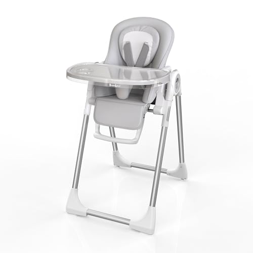 Image of Babilous High Chair, Foldable High Chairs for Babies and Toddlers, Ultra Safe for Infant with Lockable Wheels, Easy Clean, Removable Tray/Adjustable Footrest for Baby Feeding HighChair, Grey