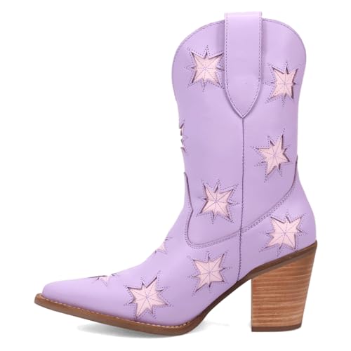 Dingo Womens Starburst Tooled Inlay Snip Toe Pull On Casual Boots Ankle High Heel 3" & Up - Purple3