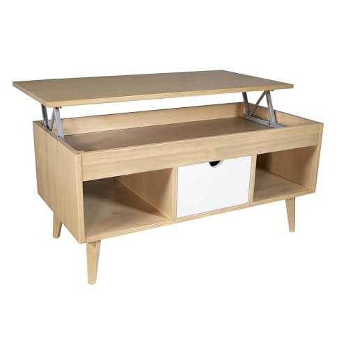 LoMasCasa - Table basse relevable modèle Karla 35 avec tiroir coulissant central, bois massif de pin naturel de couleur chêne Ika et blanc, pieds coniques....