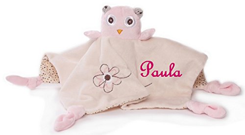 Baby Kuscheltuch Eule mit Namen bestickt (beige/rosa)