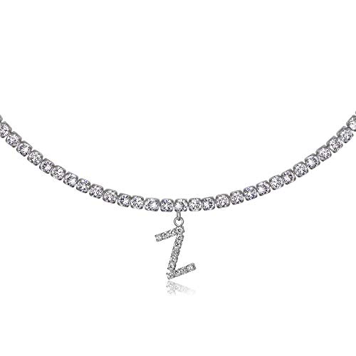Initial Necklaces for Women 14K White Gold Plated Cubic Zirconia Choker Silver Tennis Chain Letter Z Necklace Gift