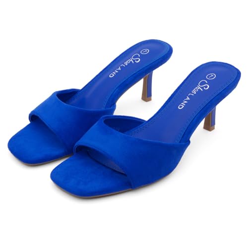 Image of Shoe Land Women's Low Heels Stiletto Heeled Slides, Open Toe One Band Slip-On Heeled Mules - Dressy Heeled Sandals for Prom, Party Wedding and Vacation