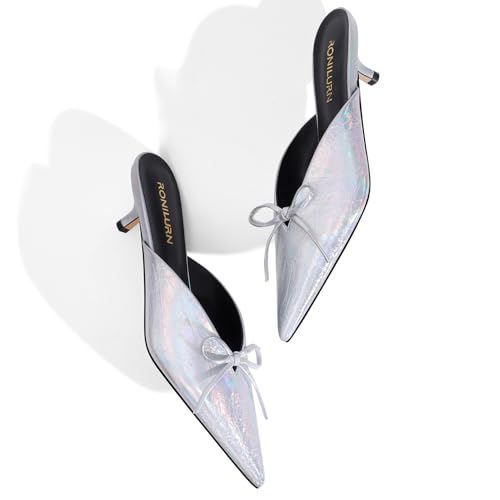 Image of Kitten Heels for Women Heeled Mules Stiletto Pumps Bow Closed Toe Pointed Toe Low Heel Slip on Fashion Metallic Backless Prom Party Dressy
