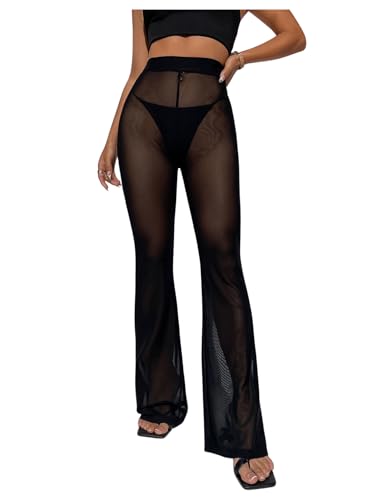 Verdusa Women's Mesh Sheer See Through Bell Bottom Flare Pants High Waisted Long Trousers3