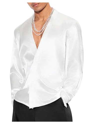 Floerns Men's Wedding Long Sleeve V Neck Shirts Shiny Satin Prom Party Club Shirts