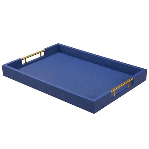 14x20 Inches Blue Faux Leather Wrapped Wood Serving Tray with Metal Handles for Various Occasions, Ottoman, Home Decor Decorative, Living Room, Coffee Table Organizer, Serving Breakfast On Bed