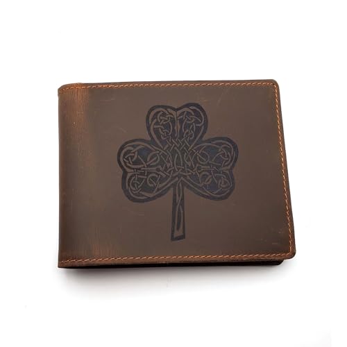 Celtic Shamrock Mens Leather Wallet, Free Engraved Personalization, Full Grain Italian Leather Bi-fold Wallet