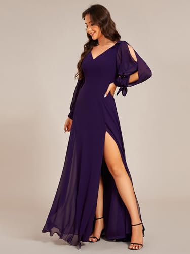 Image of Ever-Pretty Women's Fall Winter Formal Wedding Guest Dress Long Sleeve V Neck Chiffon Floor Length Bridesmaid Dresses 80116