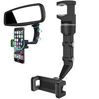 Multifunctional Mobile Phone Holder, Sun Visor Car Phone Holder, 360 Rotating Rear View Mirror Phones Holders, Free Adjustment Angle, Long Arm & Stable for All Mobile Phones and Cars (Black)