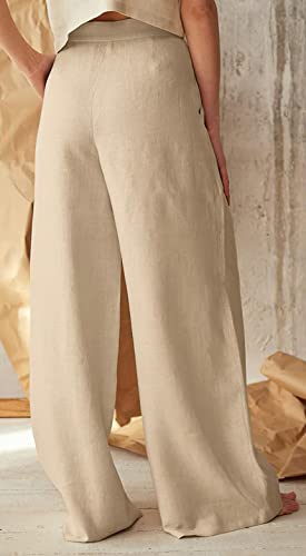 loveimgs Women's Casual Cotton Linen Button Front High Waist Wide Leg Long Palazzo Pants Trousers with Pockets3