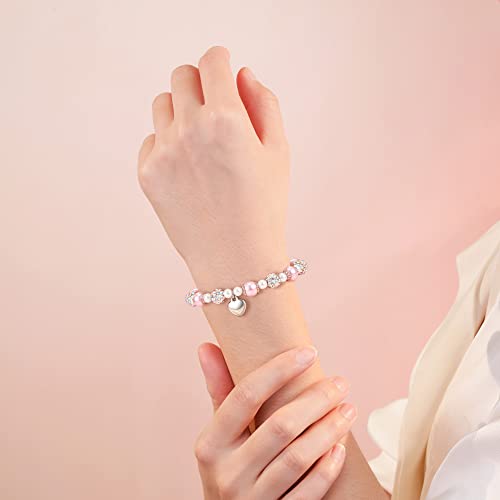 2025 Graduation Gifts | Heart Bracelet for Daughter/Granddaughter/Niece | Pink Pearl and Rhinestone Balls Bracelet | Adjustable Length from 4-10 inches4
