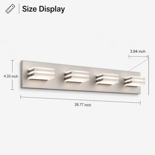 Image of 4-Light Brushed Nickel Bathroom Vanity Light, 27 Inch 32W 5CCT Dimmable LED Wall Fixture, Hardwired Over Mirror Lighting with Clear Acrylic Shade for Bathroom Remodel