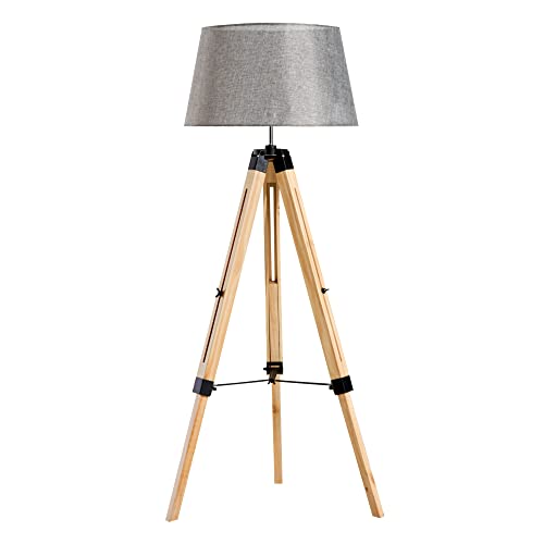 HOMCOM Tripod Floor Lamp Wooden Adjustable Modern Illumination Design E27 Bulb Compatible (Grey Shade) 99-143H
