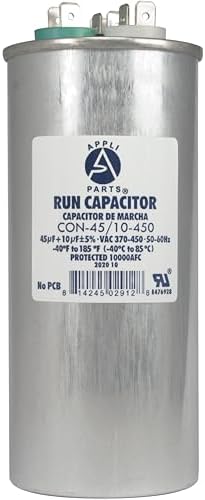 Appli Parts CON-45/10-450 Dual Run Capacitor for ac 45+10 Mfd uF (microfarads) 370VAC or 450VAC Round Universal fit for HVAC and Other Applications 5-3/8 in High 2-1/8 in Wide