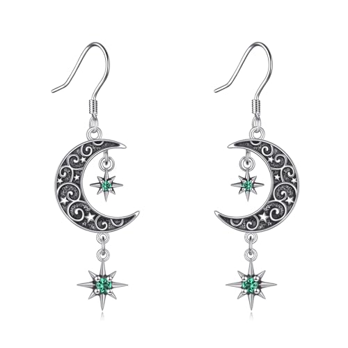 Moon Star Earrings Sterling Silver Star Dangle Drop Earrings Birthstone Jewelry Gifts for Women Wife Mother