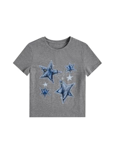 Image of RoseSeek Girl's Geometric Star Graphic Tee Tops Casual Summer Short Sleeve Crew Neck T Shirt