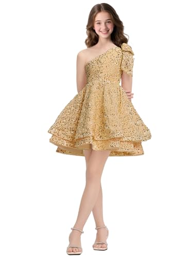 Sequined Girls' Special Occasion Dresses Short Flower Girl Dress One Shoulder Fancy Party Tutu Dresses for Teens
