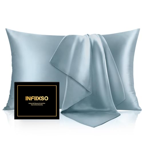 INFIIXSO Silk Pillow Cases 2 Pack Standard Size, Ultra Smooth & Soft Mulberry Silk Pillow Case for Hair and Skin, Breathable Cooling Silk Pillowcase with Hidden Zipper (Airy Blue, 20x26 Inches)