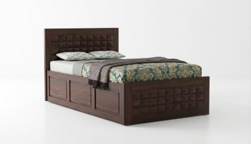 Image of Solid Sheesham Wood Single Size Bed with Storage|Wooden Box Single Size Cot Bed with Storage Box for Home,Bedroom,Hotel,Living Room|3D Diamond Hand-Carved Design Headboard|Walnut Finish
